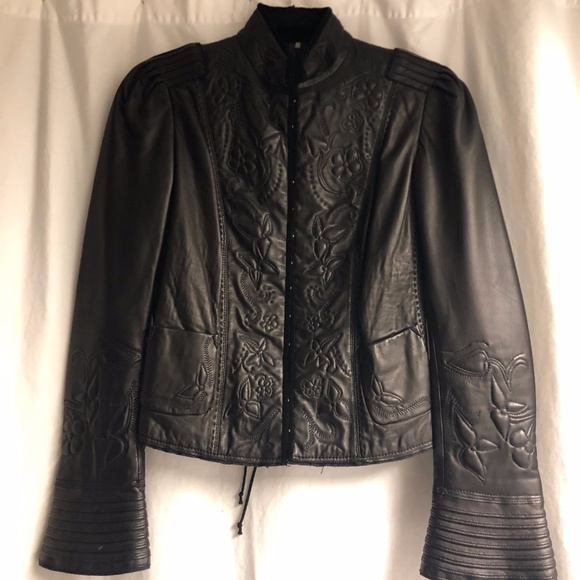 Tahari Black Embossed Black Leather Jacket w Mandarin Collar & Bell Sleeves XS - Picture 1 of 14